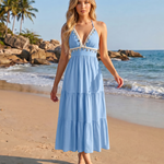 Light Blue Halter V Neck Coin Trim Tiered Midi Dress