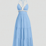 Light Blue Halter V Neck Coin Trim Tiered Midi Dress
