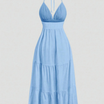 Light Blue Halter V Neck Coin Trim Tiered Midi Dress
