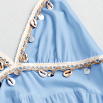 Light Blue Halter V Neck Coin Trim Tiered Midi Dress