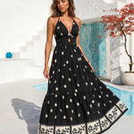 Black White Floral Halter Deep V Tiered Maxi Dress