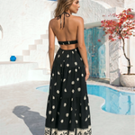 Black White Floral Halter Deep V Tiered Maxi Dress