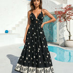 Black White Floral Halter Deep V Tiered Maxi Dress