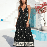 Black White Floral Halter Deep V Tiered Maxi Dress
