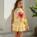 Yellow Flora Pleated Halter Neck Tiered Ruffle Mini Dress