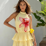 Yellow Flora Pleated Halter Neck Tiered Ruffle Mini Dress