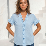 Light Blue V Neck Ruffle Trim Short Sleeve Blouse