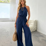 Blue Halter Neck Smocked Waist Wide Leg Jumpsuit