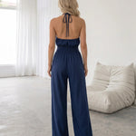 Blue Halter Neck Smocked Waist Wide Leg Jumpsuit