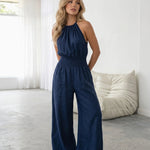 Blue Halter Neck Smocked Waist Wide Leg Jumpsuit
