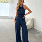 Blue Halter Neck Smocked Waist Wide Leg Jumpsuit