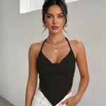 Beige Halter Neck Cowl Neck Tie Back Bandana Hem Crop Top