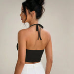 Beige Halter Neck Cowl Neck Tie Back Bandana Hem Crop Top