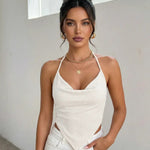 Beige Halter Neck Cowl Neck Tie Back Bandana Hem Crop Top