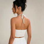 Beige Halter Neck Cowl Neck Tie Back Bandana Hem Crop Top
