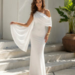 White Asymmetric One Shoulder Draped Mermaid Maxi Dress