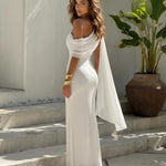White Asymmetric One Shoulder Draped Mermaid Maxi Dress