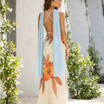 Beige Floral Print Cowl Neck Chiffon Maxi Dress
