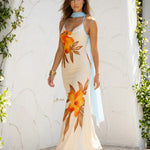 Beige Floral Print Cowl Neck Chiffon Maxi Dress