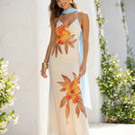 Beige Floral Print Cowl Neck Chiffon Maxi Dress