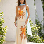 Beige Floral Print Cowl Neck Chiffon Maxi Dress