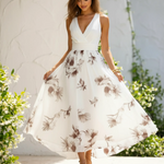 White Brown Floral Print Sleeveless V Neck Midi Dress