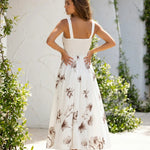 White Brown Floral Print Sleeveless V Neck Midi Dress