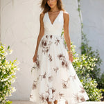 White Brown Floral Print Sleeveless V Neck Midi Dress