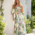 Multicolor Tropical Floral Print Off the Shoulder Maxi Dress