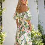 Multicolor Tropical Floral Print Off the Shoulder Maxi Dress