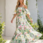 Multicolor Tropical Floral Print Off the Shoulder Maxi Dress