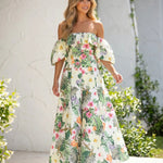 Multicolor Tropical Floral Print Off the Shoulder Maxi Dress