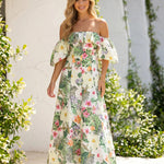Multicolor Tropical Floral Print Off the Shoulder Maxi Dress