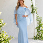 Blue One Shoulder Capelet Overlay Maxi Dress