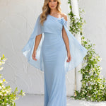 Blue One Shoulder Capelet Overlay Maxi Dress