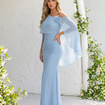 Blue One Shoulder Capelet Overlay Maxi Dress