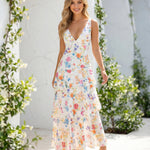 White Multicolor Floral Print Tiered Sleeveless Maxi Dress