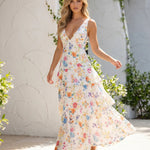 White Multicolor Floral Print Tiered Sleeveless Maxi Dress