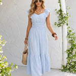 Blue White Striped Ruffle Sleeve Tiered Midi Dress