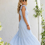 Blue White Striped Ruffle Sleeve Tiered Midi Dress