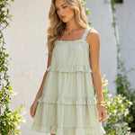 Green White Gingham Tiered Ruffled Spaghetti Strap Mini Dress