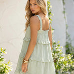 Green White Gingham Tiered Ruffled Spaghetti Strap Mini Dress