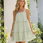 Green White Gingham Tiered Ruffled Spaghetti Strap Mini Dress