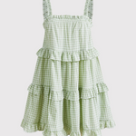Green White Gingham Tiered Ruffled Spaghetti Strap Mini Dress