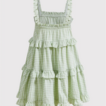 Green White Gingham Tiered Ruffled Spaghetti Strap Mini Dress