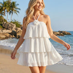 White 3D Flower Halter Tiered Ruffle Mini Dress