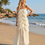 Cream Tiered Ruffle Halter Flowy Maxi Dress