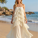 Cream Tiered Ruffle Halter Flowy Maxi Dress