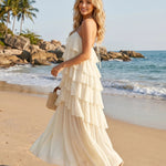 Cream Tiered Ruffle Halter Flowy Maxi Dress
