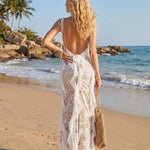 White Lace Cowl Neck Ribbon Side Mermaid Maxi Dress